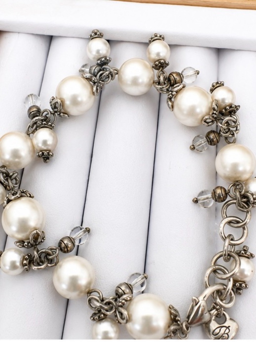 Brighton Faux Pearl & Crystal Cluster Charm Bracelet Silver Tone Adjustable
